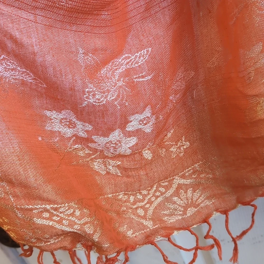 Orange Peach Metallic Rectangle Scarf Embossed with Fringe Ends